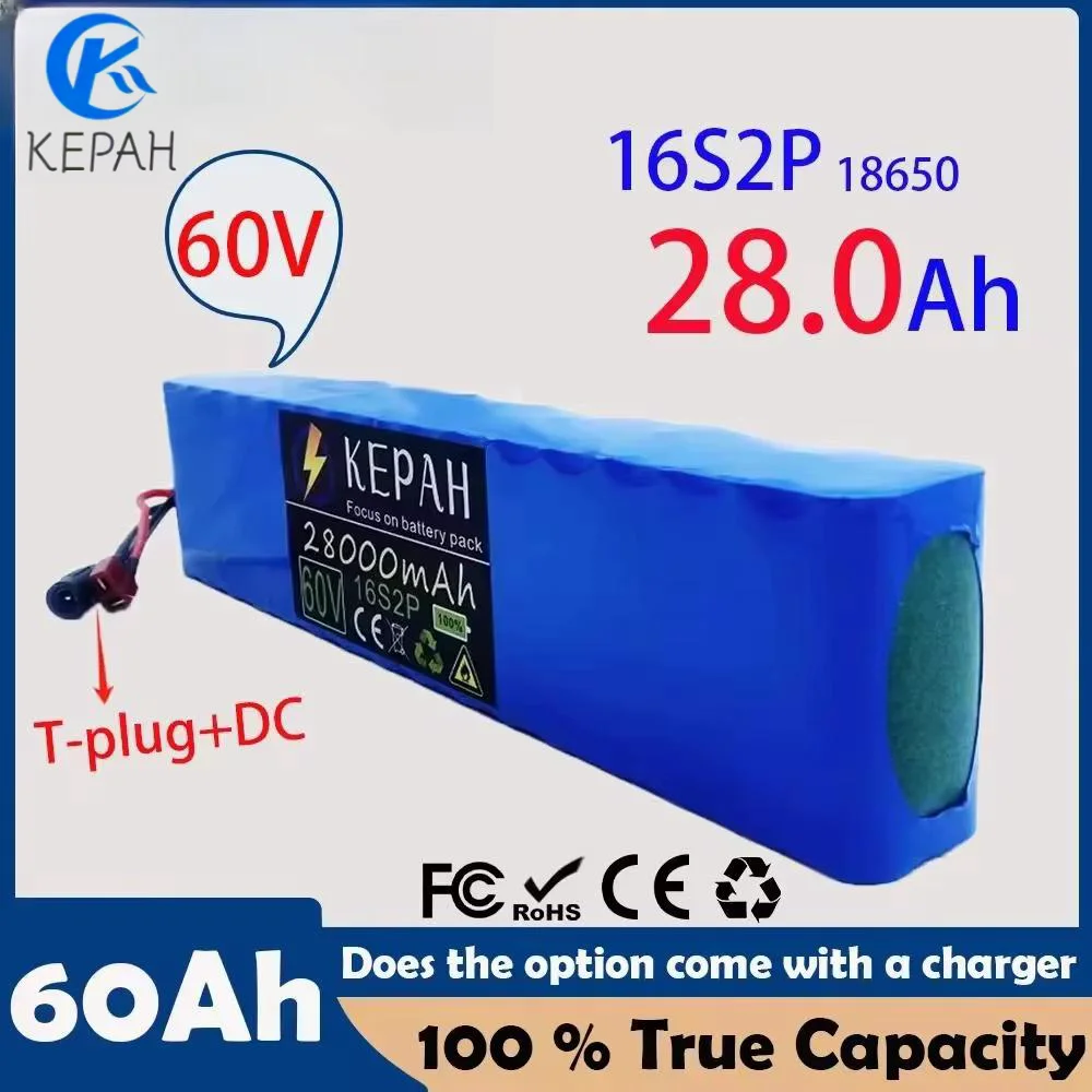 

KEPAH 60V 16S2P 28000mah 18650 Lithium Ion Battery Pack 67.2V for Electric Bike Scooter Scooter Kids Car Built In 1000 Watt Bms