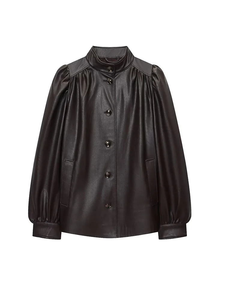 

HH Woman Fashion Autumn Street Style Long Sleeves Stand Collar Single Breasted Pocket Decoration Coated Faux Leather Jacket