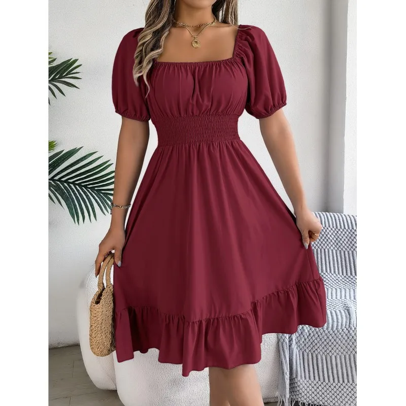 Sukienki damskie MIidi 2024 Summer Casual Square Neck Short Sleeved Waist Ruffle Edge Dress Dress Women Elegant Платья Женские