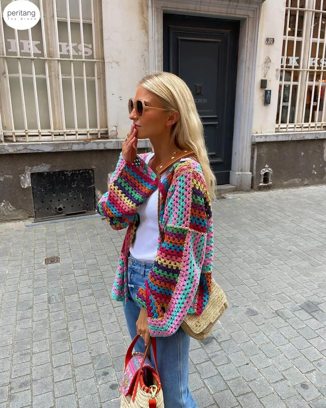 PERITANG Colorful Knit Stitch Hollow Out Oversize Cardigan Women Open Front Long Sleeve Flare Cuff Sweater