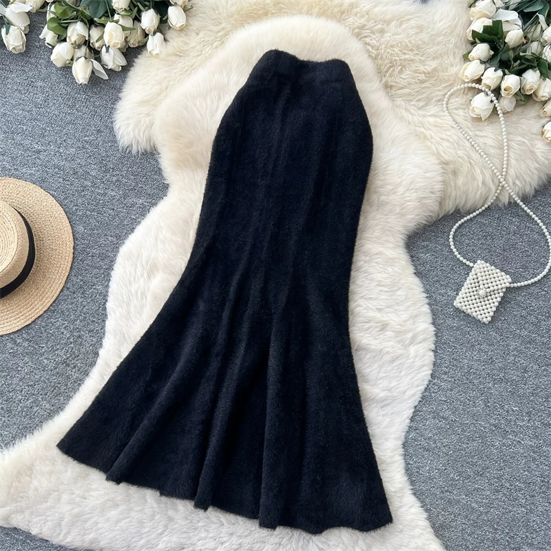Damen Kunstnerz Gestrickter Meerjungfrauenrock Hohe Taille Weicher Flauschiger Warmer Pulloverrock Herbst Winter Eleganter Figurbetonter Langer Midirock 636 – Detail 14
