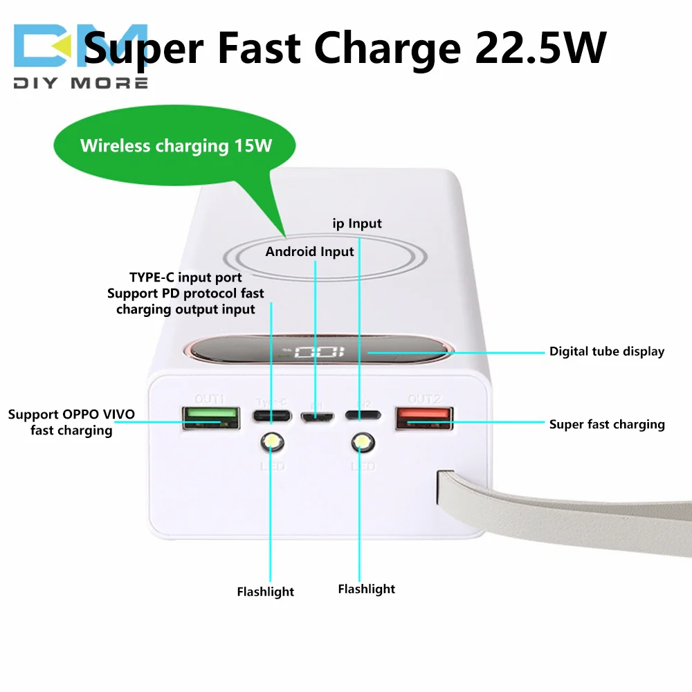 20 Sections 18650 Soldering Free Detachable Mobile Power Case 22.5W Fast Charge Plus Wireless Charging DIY Charging Treasure