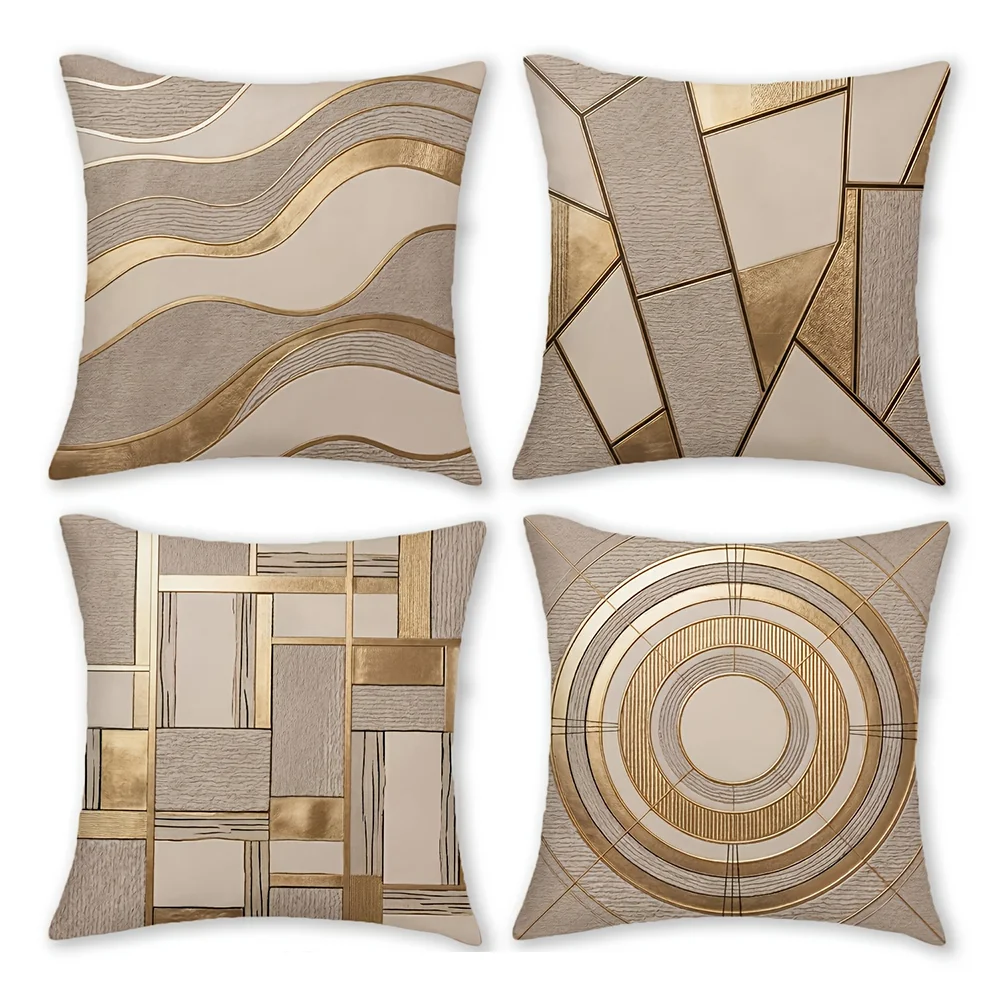 1PC 2D Flat Modern Geometric Gold Accent Throw Pillow Covers Neutral Tone Luxury Decorative Cushion Cases for Sofa Bedroom