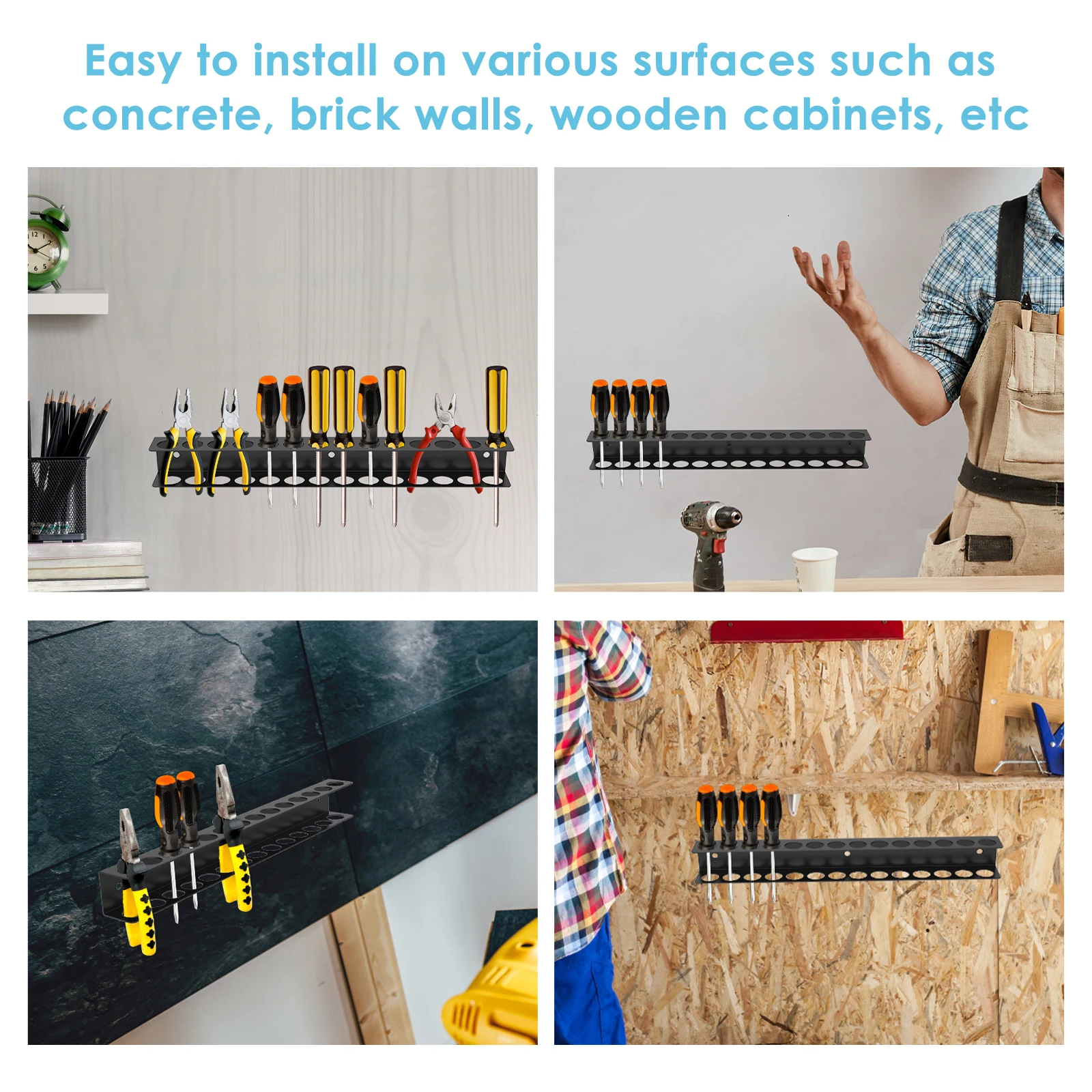 رف منظم الأدوات المعدنية 14 فتحة مفك ذو طيات منظم تخزين عائم مثبت على الحائط موفر للمساحة لورشة المرآب #6