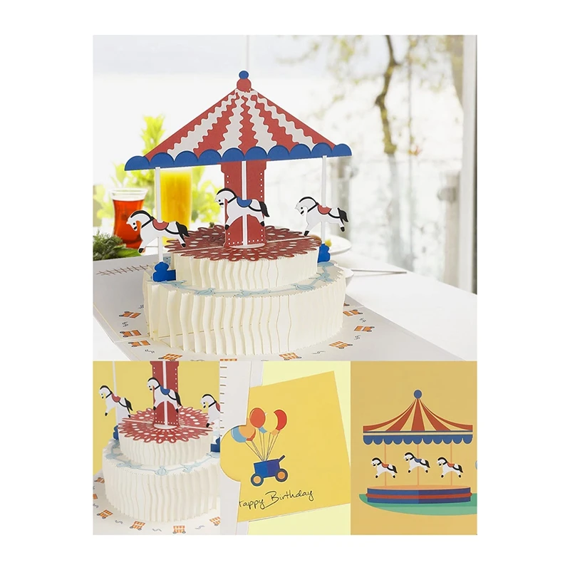 Carte d'anniversaire Top-3D avec la conception de conception de gâteau de carrousel, cartes d'anniversaire avec enveloppe pour la famille, amis, enfants, femmes