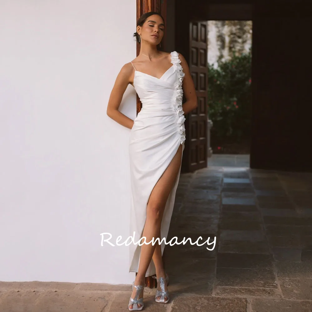 Redamancy-V-Neck cetim vestidos de casamento para mulher, apliques simples, Split Side, plissado sereia vestidos