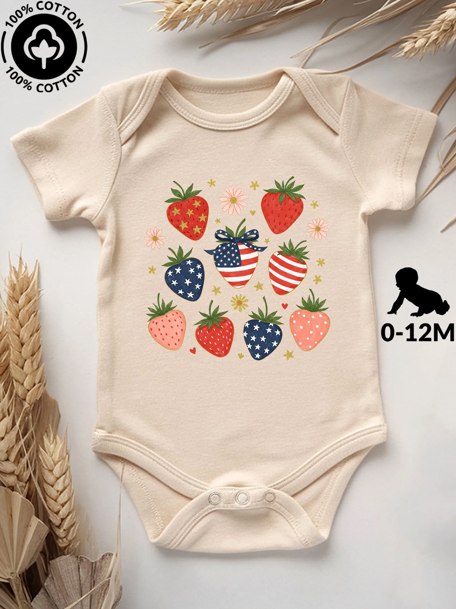 

Red White Blue Strawberries Unisex Baby Bodysuit, 100% Cotton Soft Onesie, All-Season Wear Beige Crawling Suit 190GSM