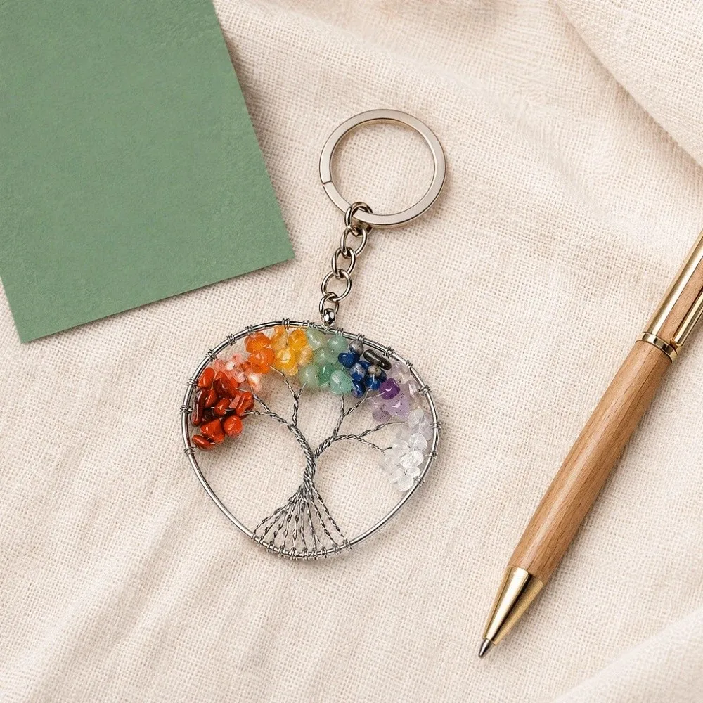 Red Jasper Tree of Life Keychain Clear Quartz Colorful Rainbow Stone Pendant Heart Aventurine Natural Crystal Keyring