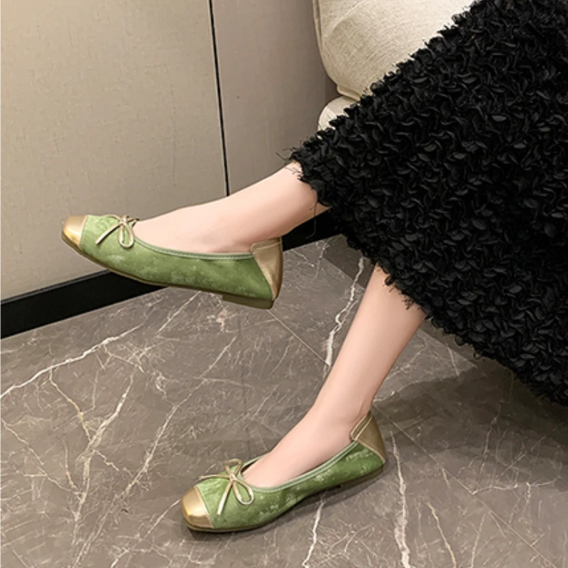 Women's Single Shoes Summer New Flat Square Head Bow Shallow Mouth Dance Shoes Casual Comfortable Light Oxford Shoes