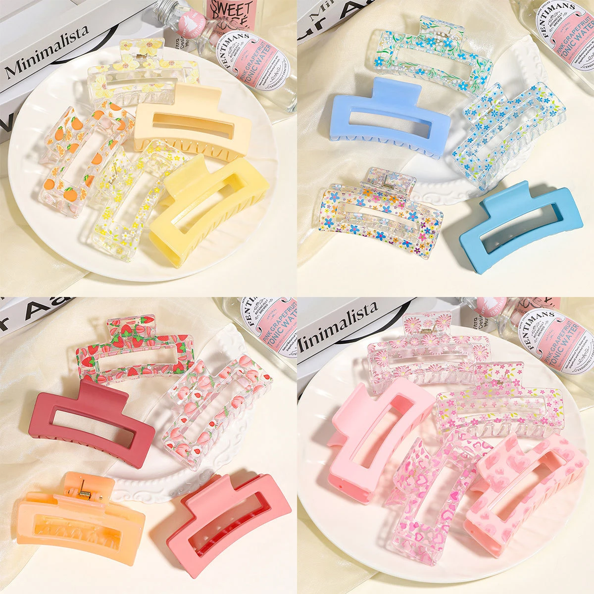 

5 pcs (8.5cm/3.34ni) candy color printed sweet cube grab clip, Korean small fresh hair shark clip on the back of the head