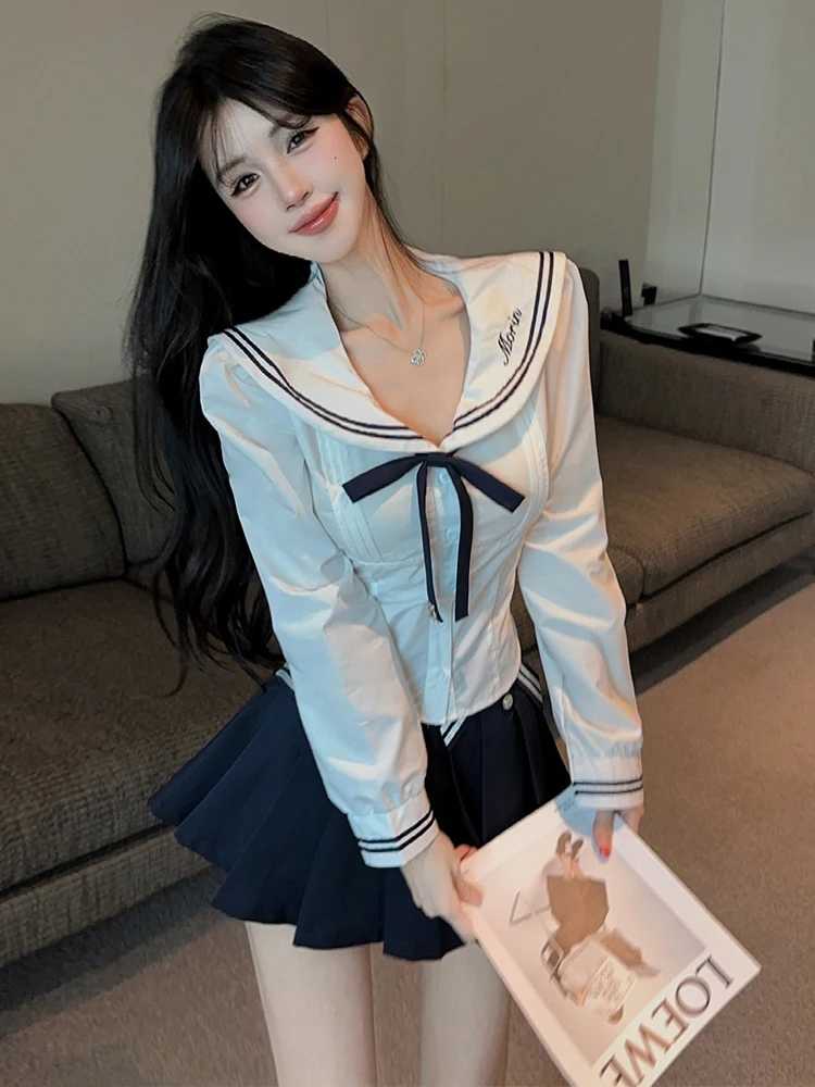 Korean College Style Gentle Personality Long Sleeve Embroidered JK Uniform  Knot Waist Cinched Shirt A-Line Pleated ...