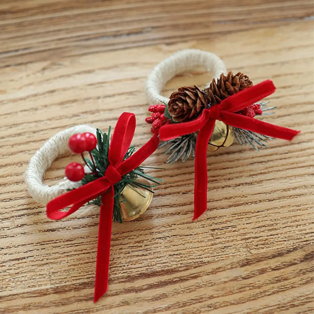 Bowknot Christmas Bell Napkin Ring with Red Fruit Pinecone Elegant Woven Handmade Napkin Ring Festive Christmas Table Decoration