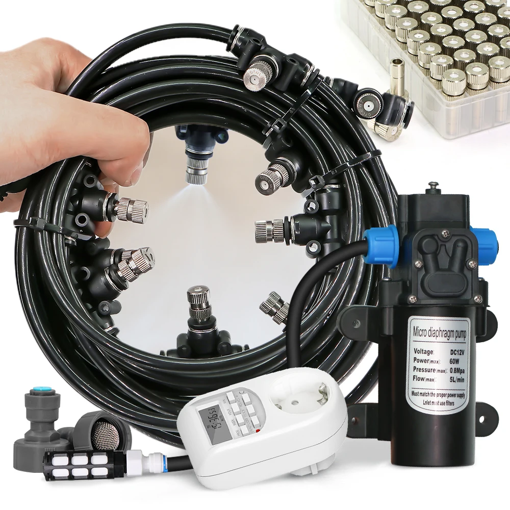60w Self-priming Pump Kit Garden Misting Cooling System 0.6mm Nozzle Fine Atomizer Sprayer Slip Lock Outdoor Irrigation Watering