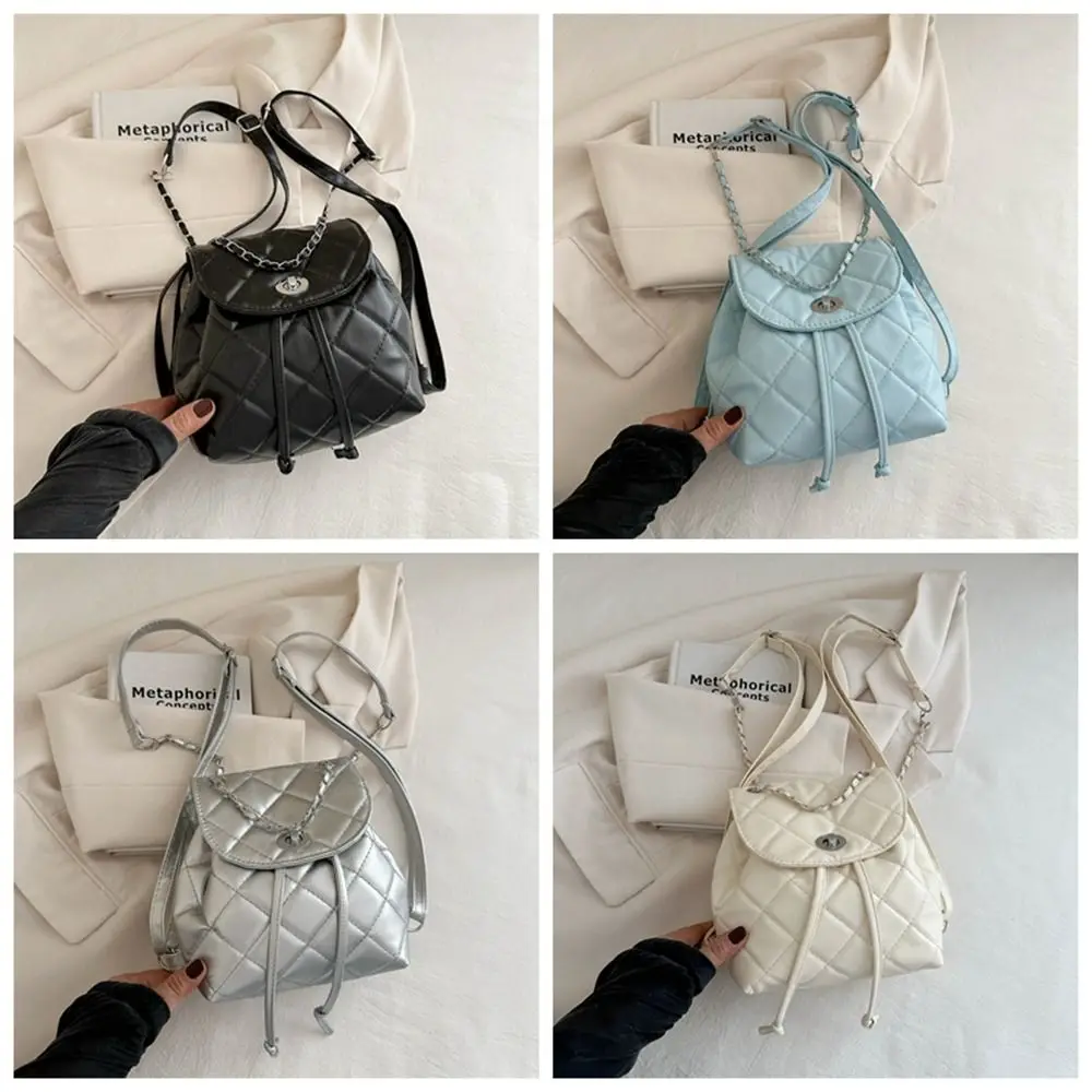 Casual Cute Small Backpack Pu Leather Silver Rhombic Lattice Chain Shoulder Bag School Bag Korean Style Pu Bucket Bag Ladies