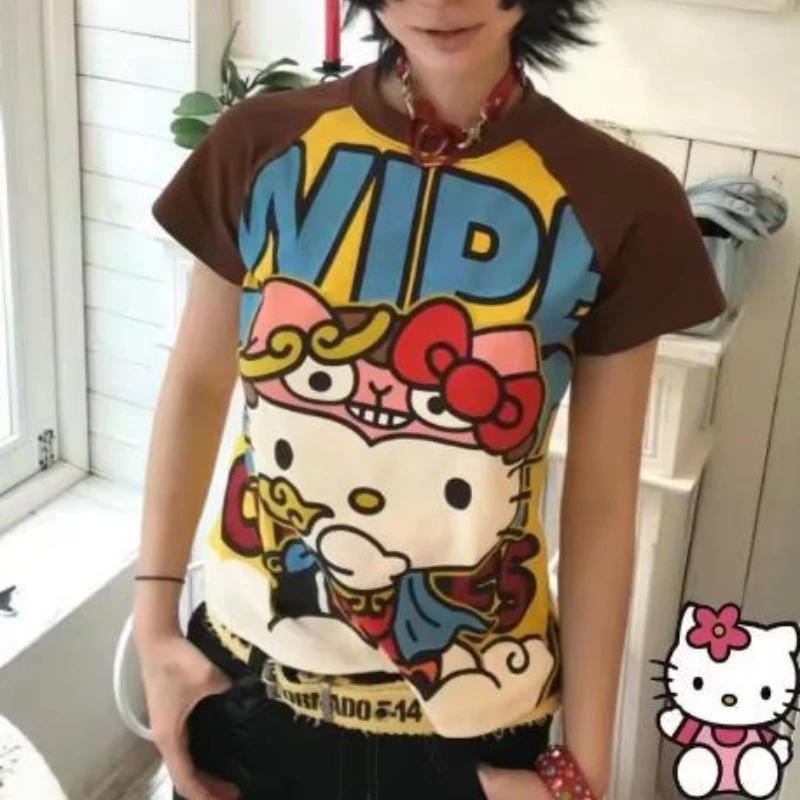 

Sanrioed Hello Kittys Short Tops Y2K Women Summer Anime Fashion Tees Cartoon Printed High Street Gothic Short Sleeve T-Shirts
