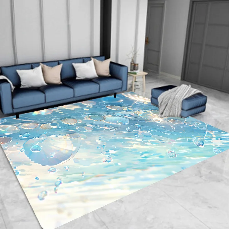 Tropical Beach Ocean Area Rug Sunny Seaside Starfish Seashell Clear Blue Wave Cloud Sky Print Floor Mat Fresh Coastal Style