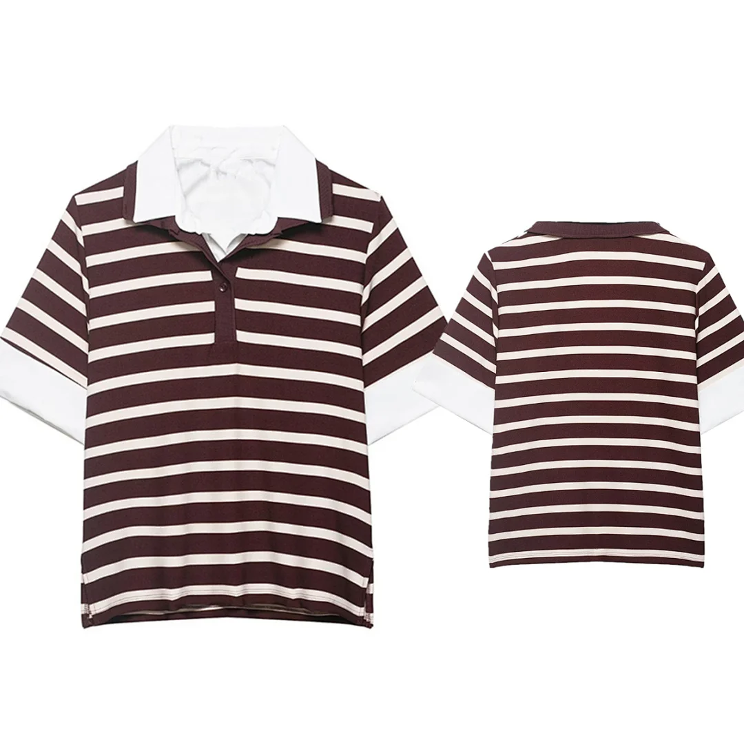

Maxdutti Summer T-shirt Women French Minimalist Fashion Striped T-shirt Woman Clothes Female Clothing Polo Collar T-shirt Tops