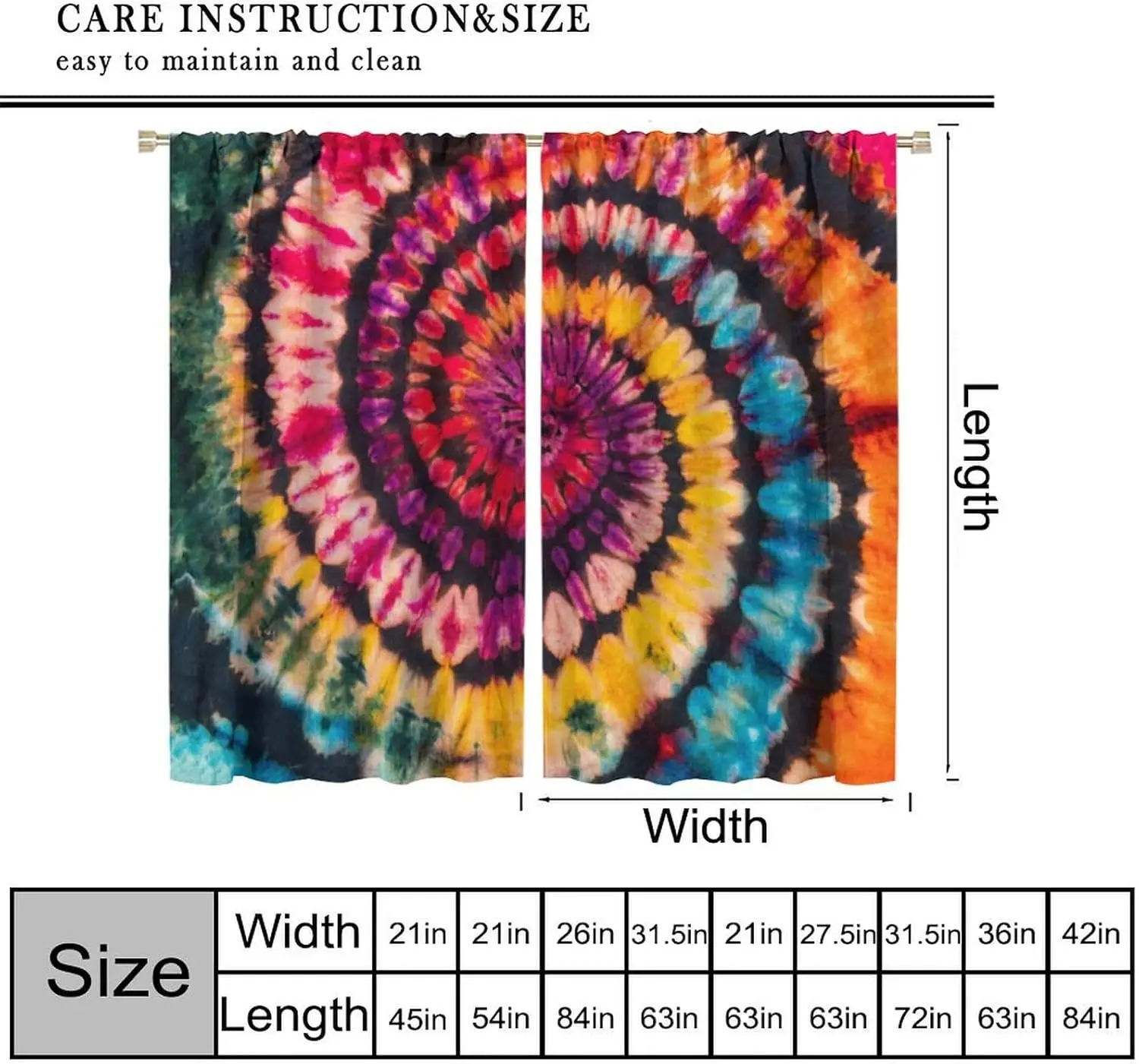 Tie Dye Curtains Spiral Bohemian Watercolor Swirl Ethnic Gypsy Trippy Indian Artsy Curtain with Rod Pocket for Bedroom 2 Panels