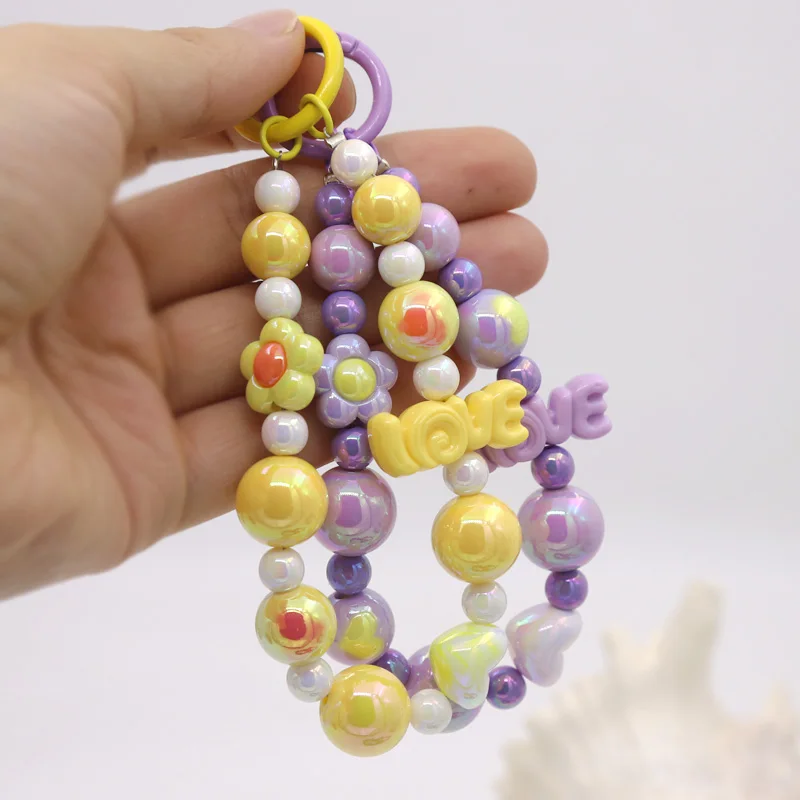5 Pieces Colorful Acrylic Bead LOVE Letter Flower Keychain Multi-purpose Bag Mobile Phone Charm Pendant Car Key Accessories