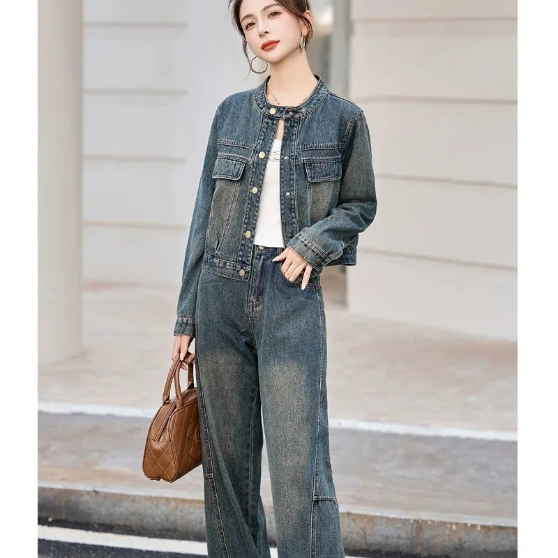 

2026 Spring and Autumn Women's New Retro Old Foreign Style Fashion Denim Suit Age Reduction Jacket Wide Leg Pants Two-piece Set