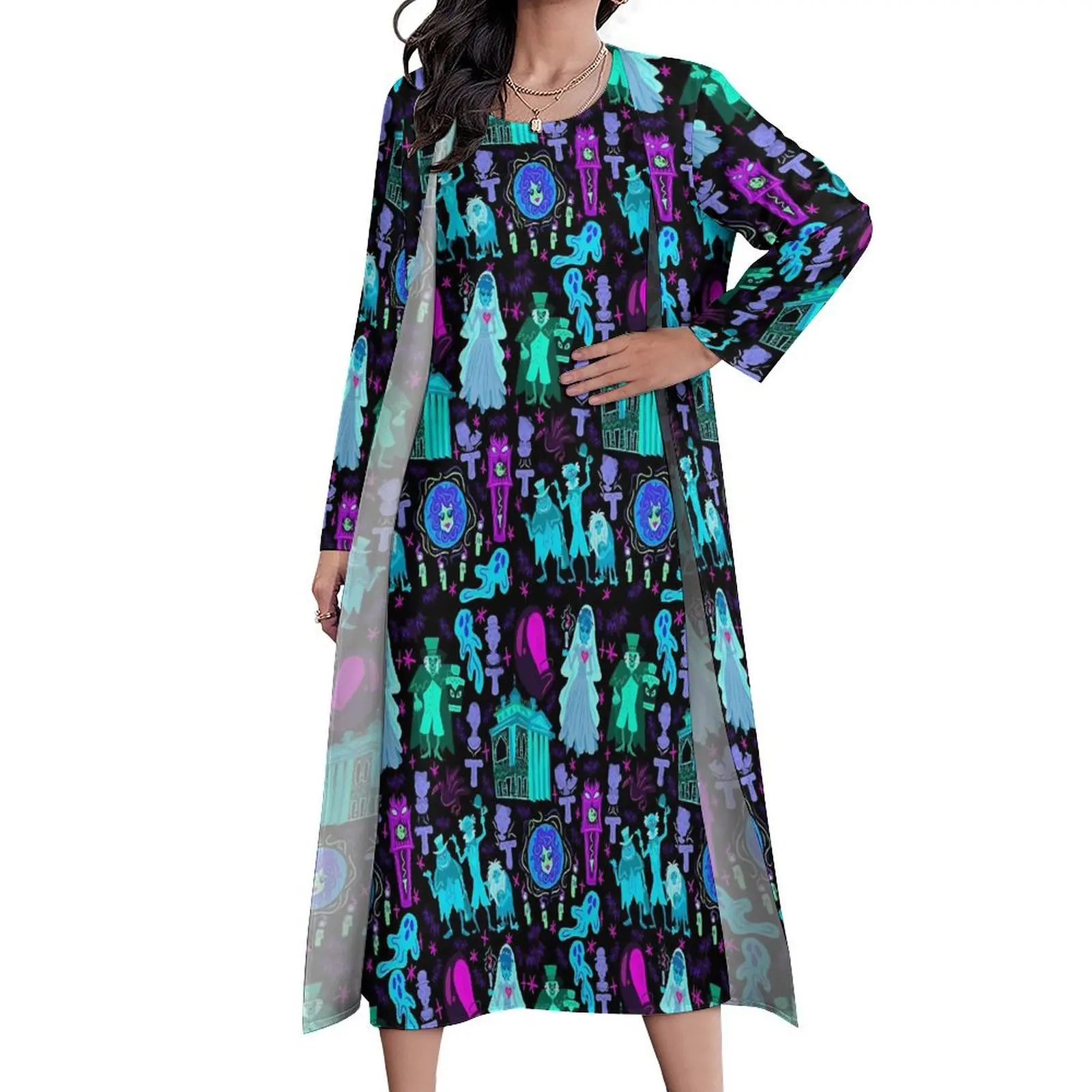 Haunted Mansion Dress Halloween Print Elegant Maxi Dress Aesthetic Boho Beach Long Dresses Spring Long Sleeve Graphic Vestido