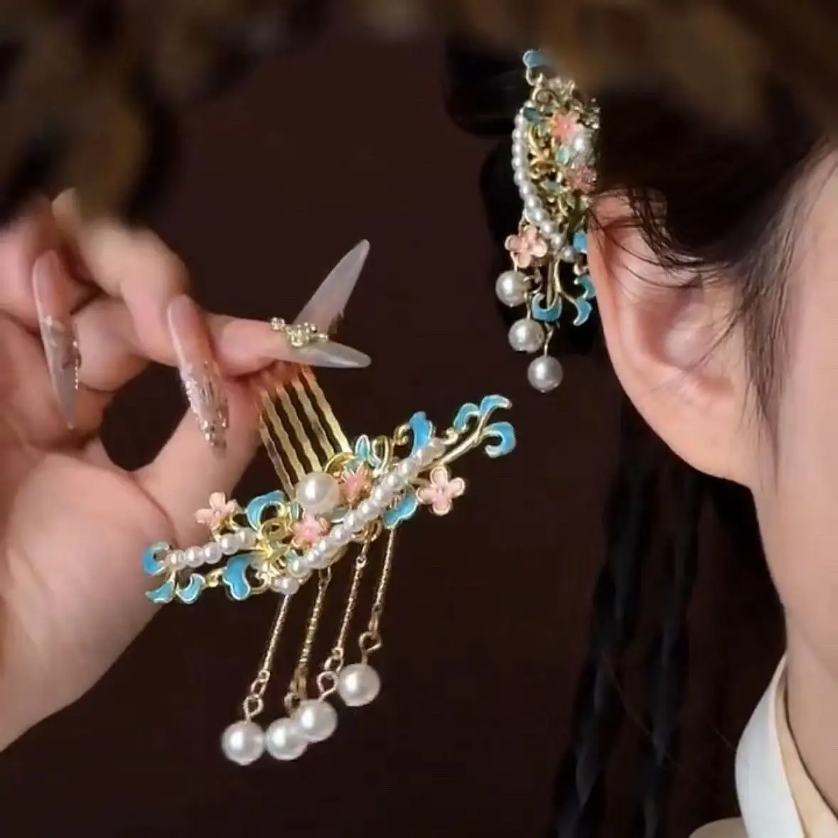 Sisir Rambut Gaya Cina dengan Mutiara dan Rumbai, Jepit Rambut Updo, Jepit Rambut Samping, Jepit Rambut Belakang, Jepit Rambut Hanfu, Aksesori Rambut