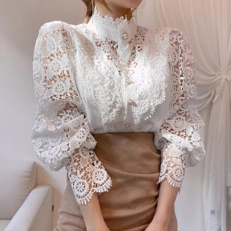 

Korean Vintage Women Stand Collar Embroidery Lace Hollow Out Beige Black White Top T Shirt , Woman Flare Sleeve Tops Shirts
