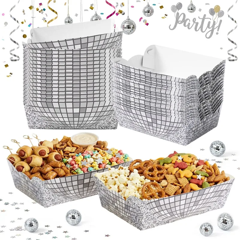 12Pcs 80s Music Disco Ball Theme Baking Popcorn Box Disposable Food Paper Tray for Birthday Bachelorette Retirement Party Decor