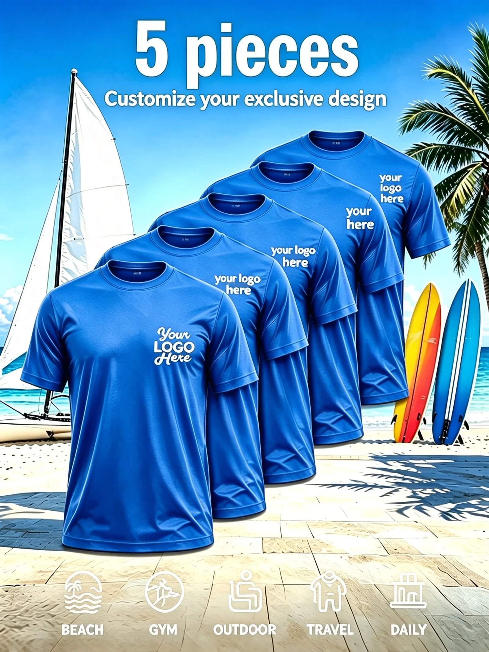 5pcs Men's Custom T-Shirts - Personalized with Your Own Pattern or Logo - Ideal for Running, Dancing, Swimming, and Other Sports