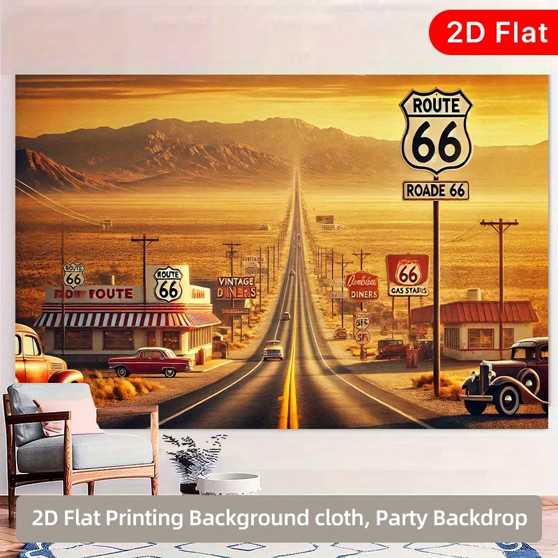 2D-Flachbanner, U.S. Route 66, Party-Hintergrund aus Polyesterfaser, geeignet für verschiedene Szenarien, Wandbanner für das Wohnzimmer