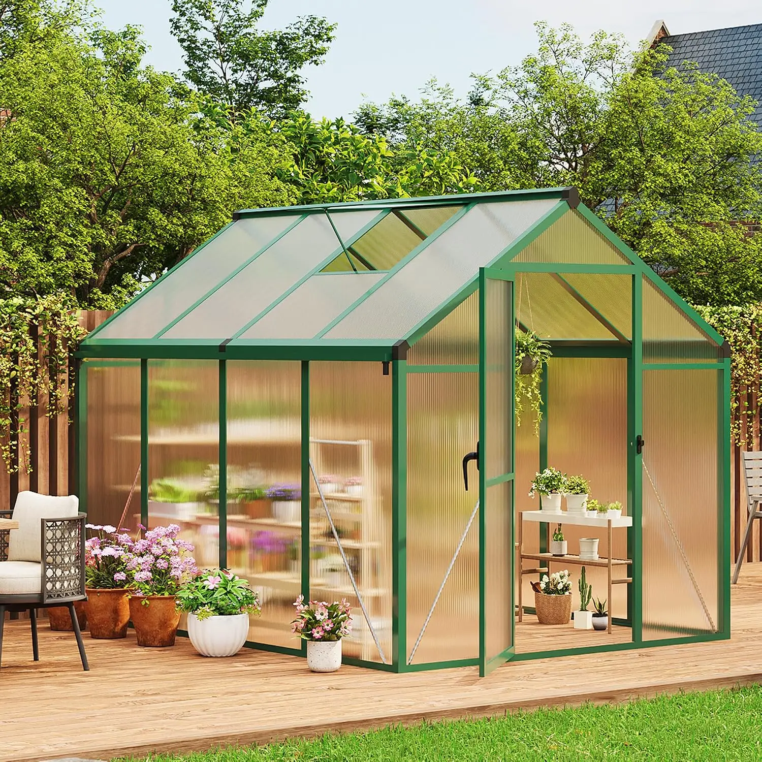 6x8 FT Polycarbonate Walk-In Aluminum Greenhouse 720g/m² PC Panels Slide-In Assembly Adjustable Roof Vent Rain Gutter Backyard Garden Plant Shelter