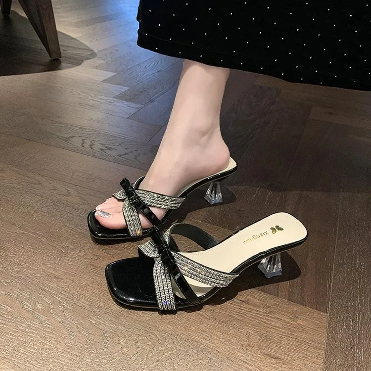 

French-style Dress with Rhinestones and High Heels for Women, New Style, Elegant and Fashionable, Thick Heel, Slip-on Sandal