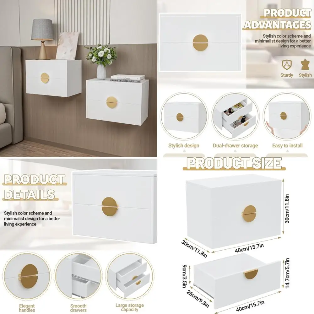 

Modern LED Lighted Wall-Mounted Nightstands Set of 2 with Drawers, Wooden Bedside Tables for Bedrooms
