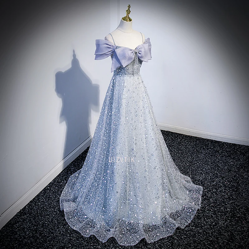 Blaues Ball-Abendkleid für Damen, luxuriöse Pailletten, glitzernde Quaste, Schleife, A-Linie, bodenlang, lange Party-formale Kleider, individuell gestaltet