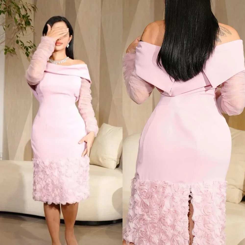 

Customized Simple Jersey Pleat Flower A-line Off-the-shoulder Midi Dresses Evening Dresses Classic Exquisite Modern Style Pastro