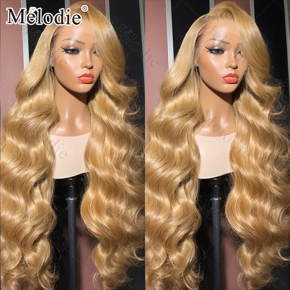 Melodie 30 40 Inch Honey Blond Body Wave 13x6 Hd Transparent Lace Frontal Wigs Brazilian Blonde 27# Brown Full Wig For Women