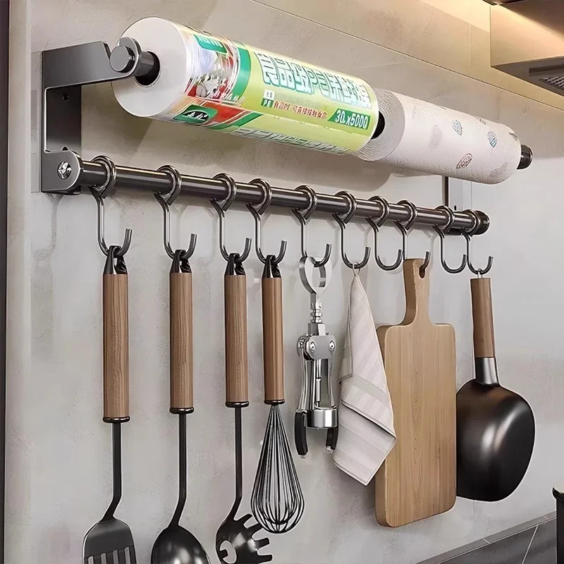 Stainless Steel Kitchen Utensil Shelves Spoon Holder Dishcloth Rack Shelf Wall Kitchen Roll Holder Multi-Purpose Films Hooks