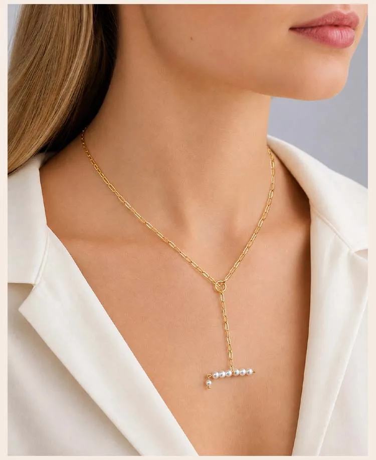 Perlen-Balken-Y-Halskette, 18K vergoldeter Edelstahl, hypoallergener Lariat-Ketten-Schmuck – Detail 2