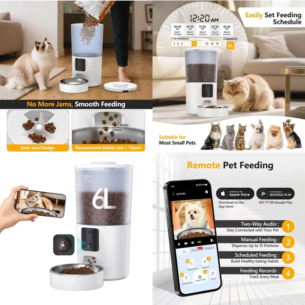 

Smart Pet Feeder with HD Camera, Interactive Audio, Scheduled Feeding, 6L Hopper, Dual-Band WiFi Connectivity