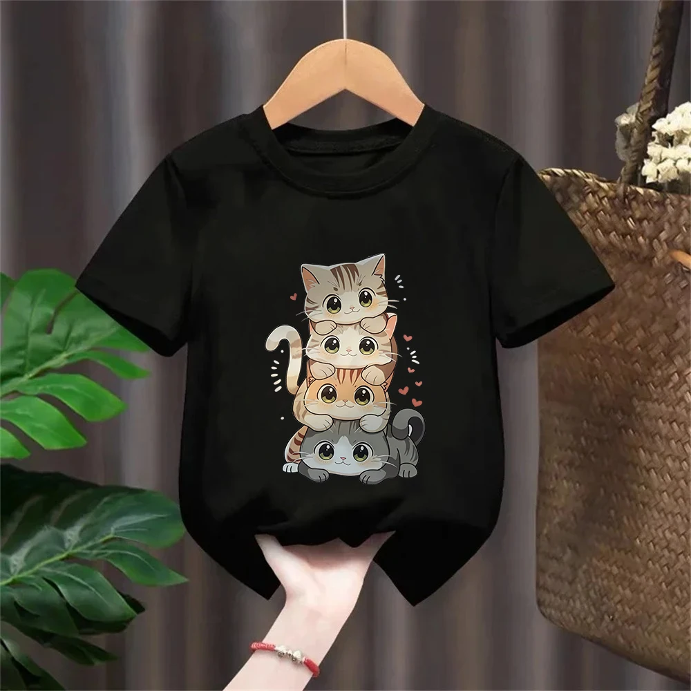 Cute Cartoon Cat Print Kids Round Neck Short Sleeved T-shirt 100%cotton Casual Versatile Summer Girl Boy Tshirt