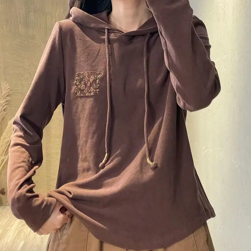 Women\'s Vintage Autumn Winter Solid Color Hooded Drawstring Printing Long Sleeve Underlay All-match Casual Pullover Hoodies Tops