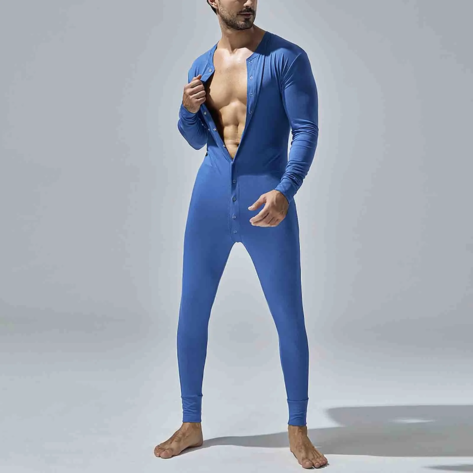 Single Breasted Men Onesie Spring Autumn Tight Jumpsuit Pajamas Long Sleeve Solid Color Button Slim Fit Bodysuit Nightwear