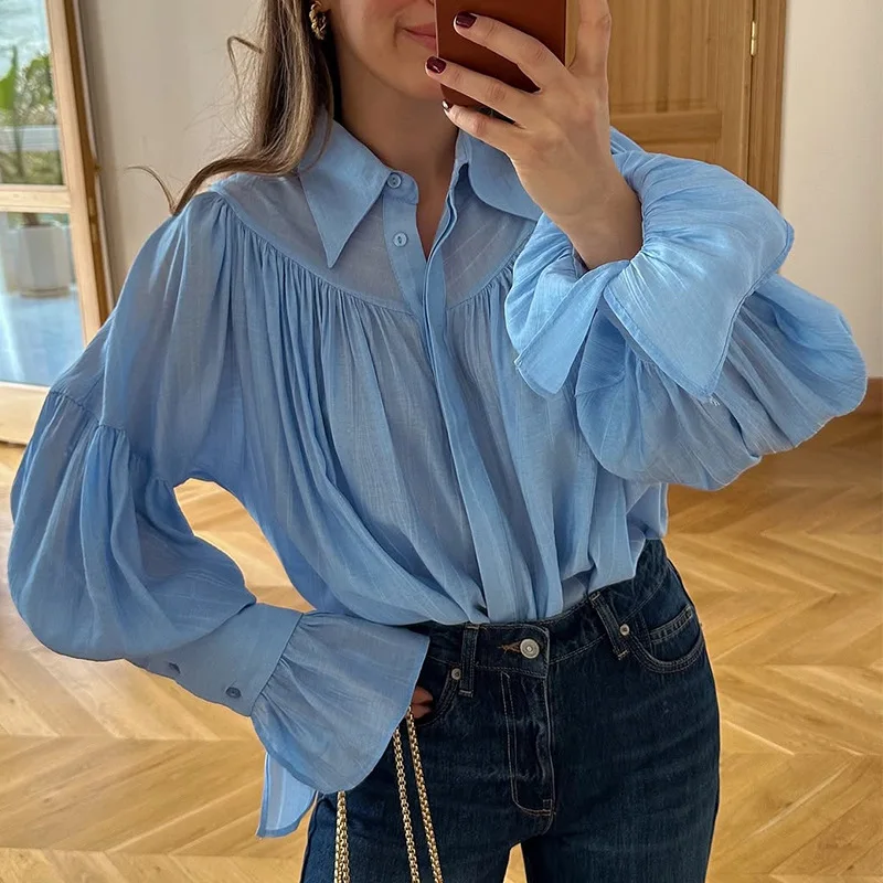 

2025 Summer New Style Women's Collar Horn Sleeve Drawn Loose Long Sleeve Shirt Top