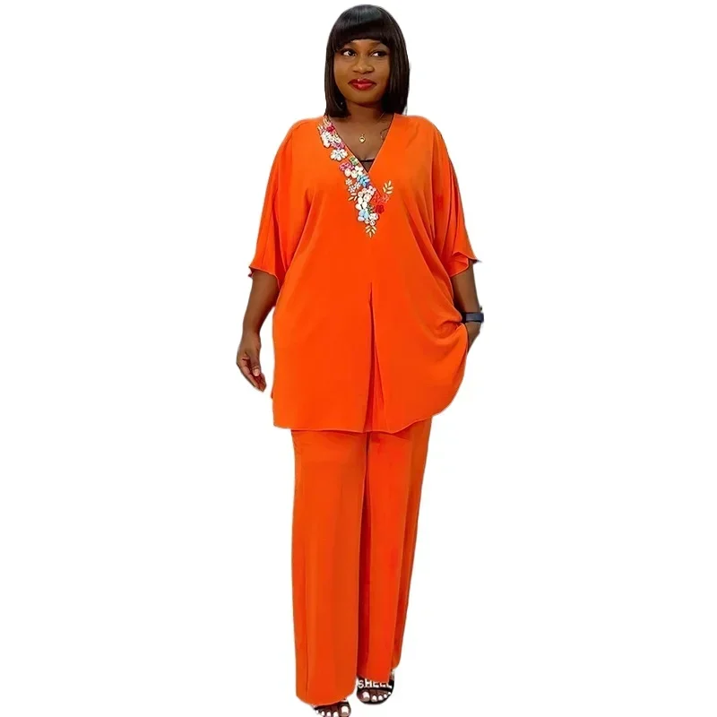 African Outfits for Women Summer Fashion 2024 Africa Half Sleeve V-neck Polyester Party Evening Pants Sets African Clothes Women