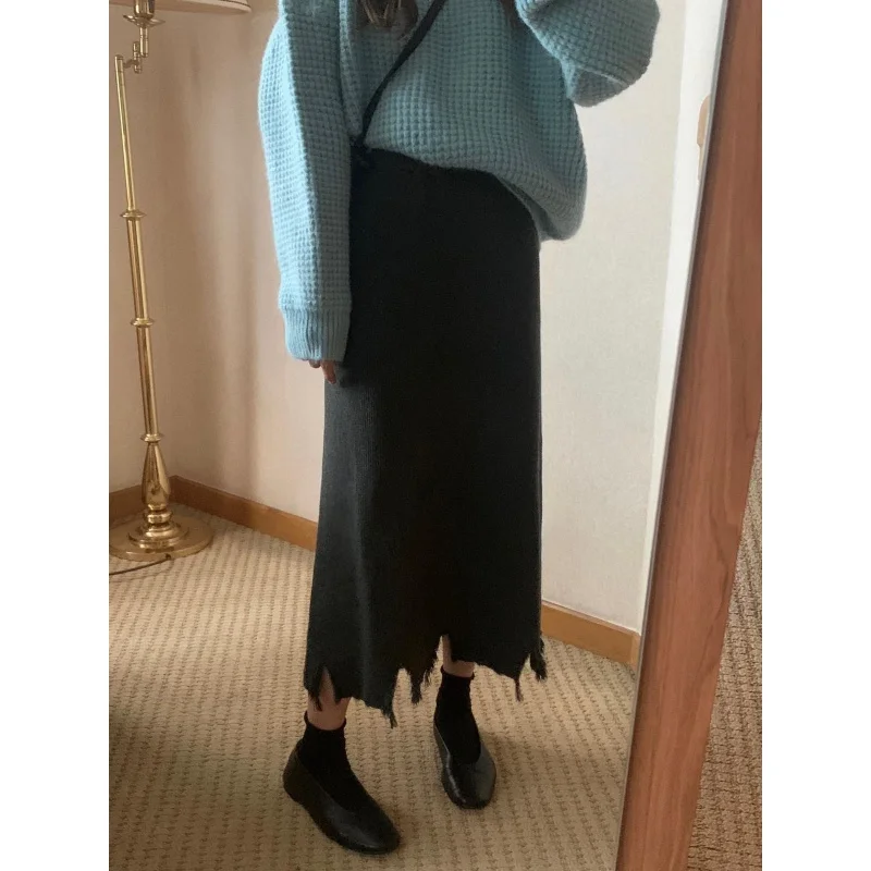 Retro Thickened Fishtail Medium Long Black Elastic Waist Skirt Women's All-Matching Tassel Hem Knitted A- line Dress