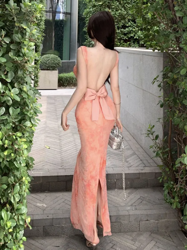 

Новое летнее облегающее платье с разрезом и открытой спиной, с завязками, из полиэстера, средней эластичности, с завышенной талией