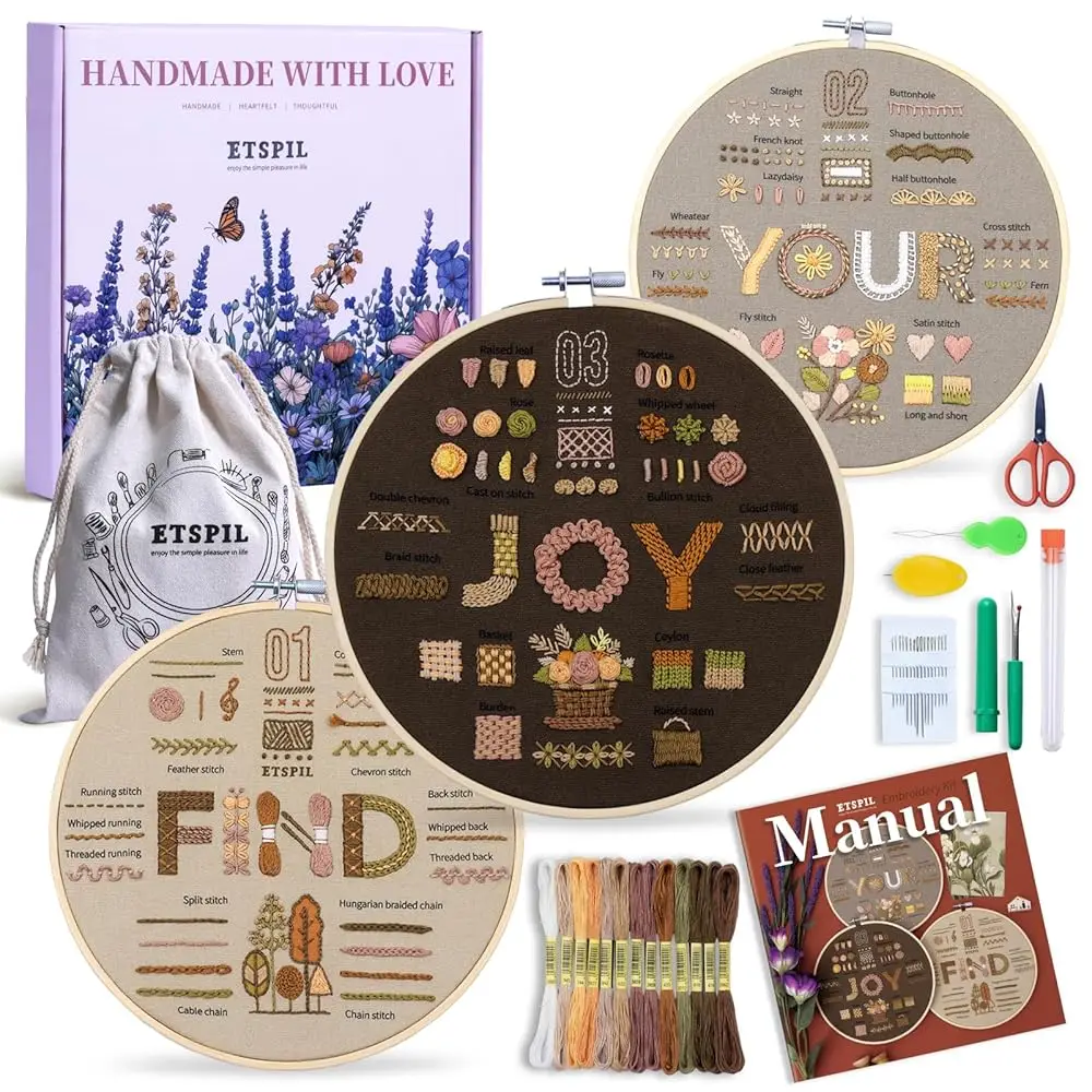 

Набор для вышивания Find Your Joy для начинающих, 3 комплекта стартовых наборов для самостоятельного творчества для взрослых с 42 стежками, нанесенными узорами, цветочными дизайнами, E