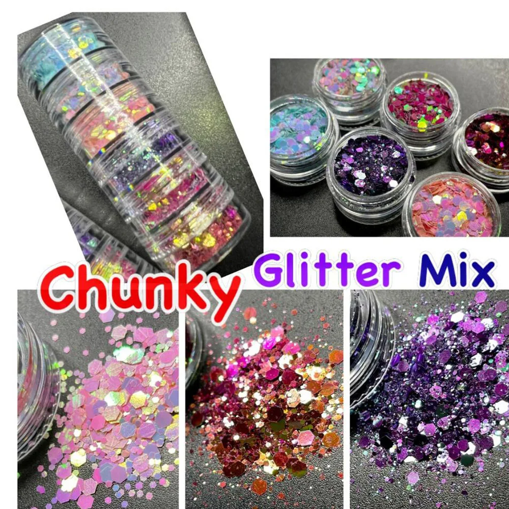 5 Stack/lot Glitter, chunky glitter,chunky mix, acrylic, 5 Types chunky glitter, 5 picks glitter, nail art,glitter shaker,