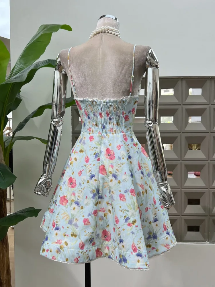 DFDG 2025 الربيع الدانتيل المشذبة Strappy الأزهار طباعة فستان قصير بوهو ملابس الشاطئ خفيفة الوزن تنفس فستان الشمس أنيق غير رسمي