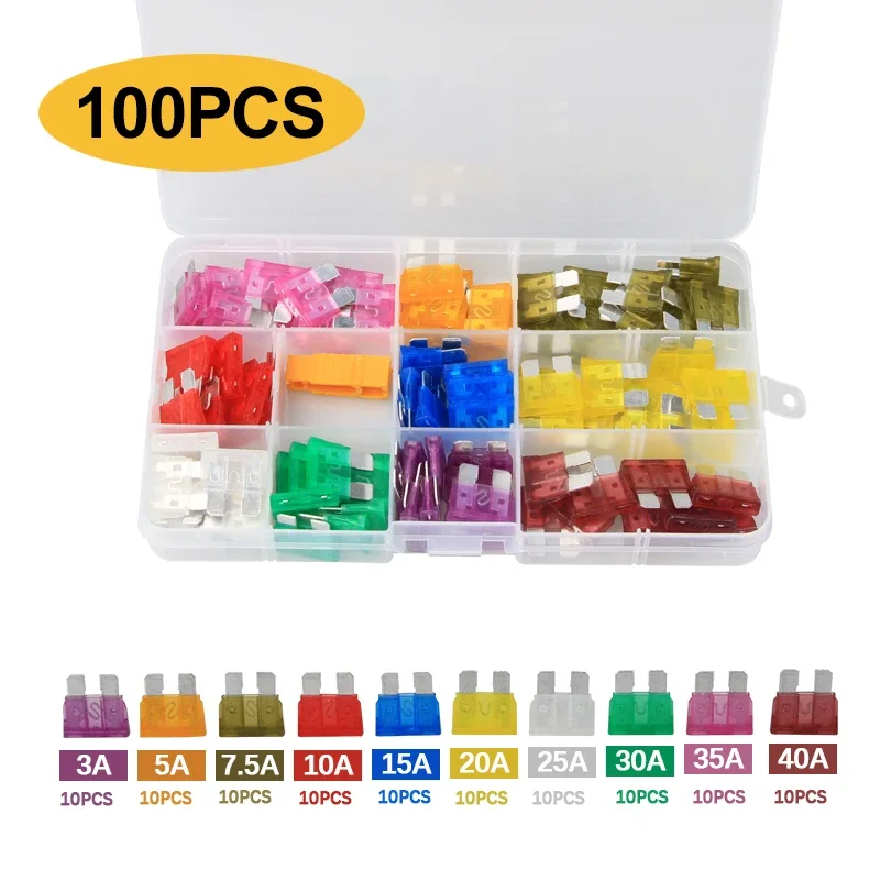 100pcs 5/7/10/15/20/25/30A Fuse Car Blade Fuse Assortment Assorted Kit Mini Small Size Blade Set Auto Truck Automotive Fuse